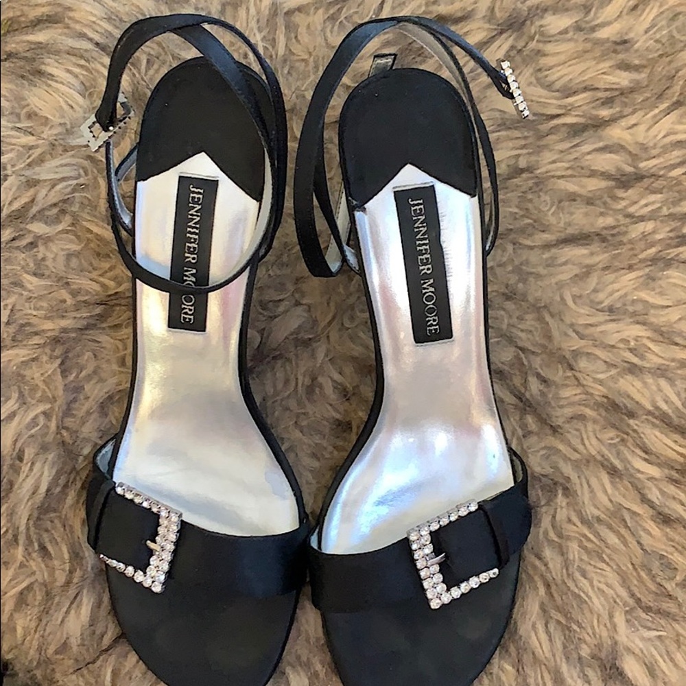 Black satin, open-toe evening shoes